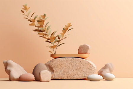 Podium for product presentation with autumn leaves and stones on color backgroundの素材