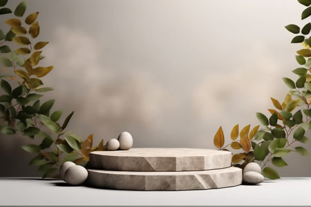 3d render of minimal product display podium or pedestal with green leavesの素材