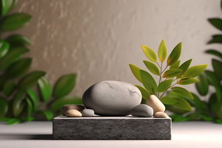 3d render of gray stone podium for product display with green leavesの素材