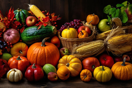 Autumn still life with pumpkins, fruits and vegetables on wooden backgroundの素材