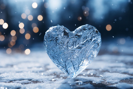 Heart shaped ice cube on snow with bokeh background, love conceptの素材