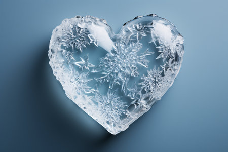 Heart shaped ice crystals on blue background. 3d illustration. Shallow depth of fieldの素材