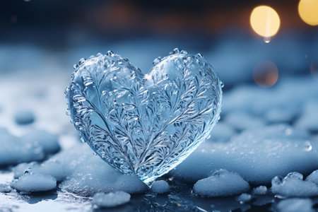 Heart shaped ice crystals with bokeh background. Valentine's day concept.の素材