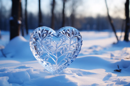 Ice heart on the snow in the winter forest. love concept.の素材