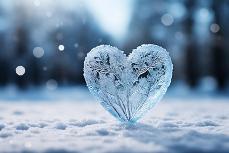 Heart-shaped ice on snow with bokeh background. winter concept.の素材