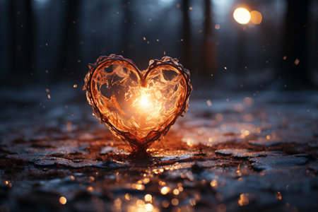 Valentine's day background. Heart shape on snow with bokeh lightsの素材