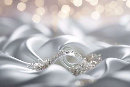 Wedding rings on white satin with bokeh backgroundの素材