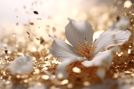 Beautiful white flower and golden confetti on light background, closeupの素材