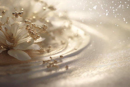 wedding rings on a gold background with water drops and flowersの素材