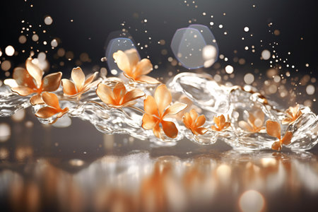 Beautiful flowers in water with bokeh effect on black backgroundの素材