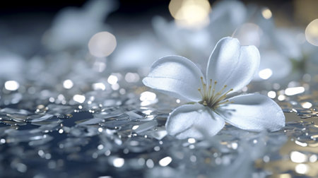 Cherry blossoms with water drops on a dark background, close-upの素材