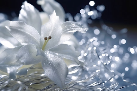 White lily with dew drops on a dark background, close-upの素材