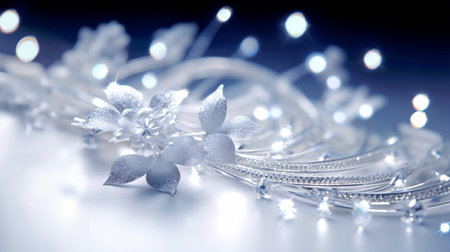 silver christmas garland on a blue background with bokehの素材