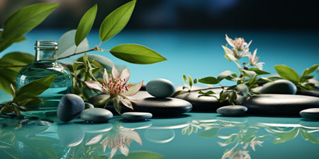 Spa still life with zen stones, green leaves and flowersの素材