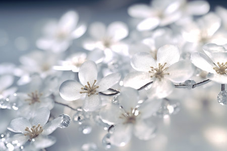 Cherry blossoms with dew drops on a mirror surface.の素材