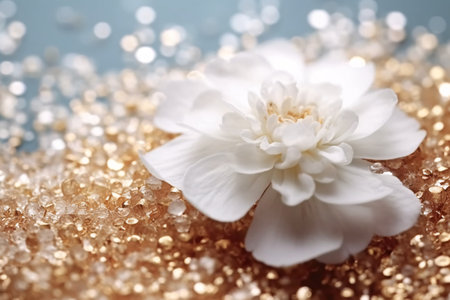 White flower on gold glitter background. Shallow depth of field.の素材