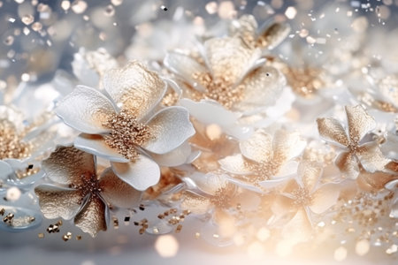 Beautiful white flowers with sparkles and bokeh effect.の素材