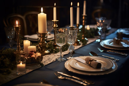 Wedding table setting with candles and cutlery, selective focusの素材