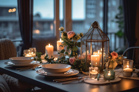 Festive table setting with candles and flowers in the interior of the roomの素材