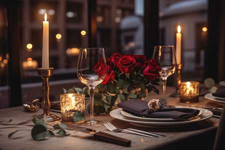 Romantic table setting with red roses, candles and cutleryの素材