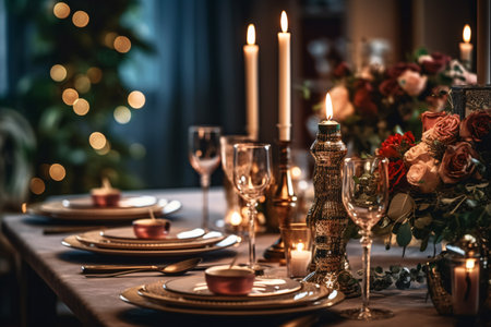 Festive table setting with candles, plates, cutlery and flowersの素材