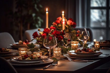 Festive table setting with red roses, candles and cutleryの素材