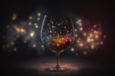 Colorful splashes of wine in a glass on dark background.の素材