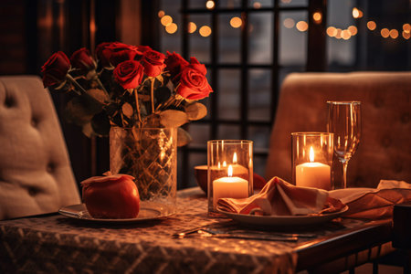 Romantic dinner setting with red roses in a vase and candlesの素材