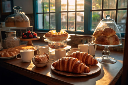Breakfast with coffee, croissants and buns in cafeの素材