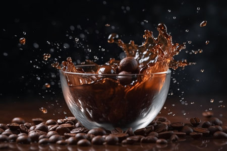 Coffee splashing into a glass cup with coffee beans on a dark backgroundの素材