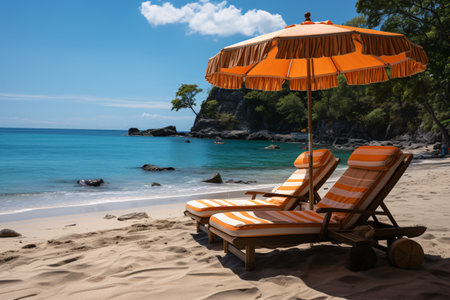 Beach chair and umbrella on tropical beach, Koh Samui, Thailandの素材