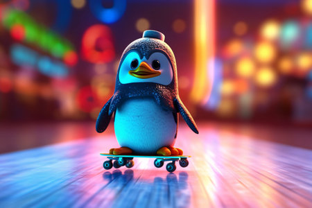 Penguin on a skateboard. 3D illustration. Festive background.の素材