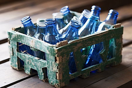 Plastic bottles in a wooden box on a wooden background, selective focusの素材