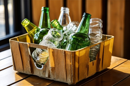 bottles of beer in a wooden box on a table in a cafeの素材