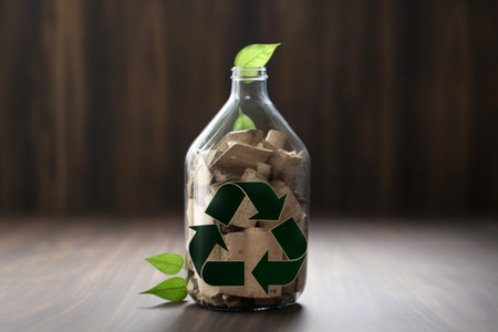 Glass bottle with recycling symbol and green leaves on wooden background. Recycling conceptの素材