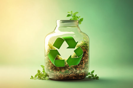 Green recycle symbol in glass jar on green background. Environment conservation concept.の素材