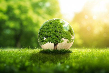 Globe with green tree on grass background. World environment day conceptの素材