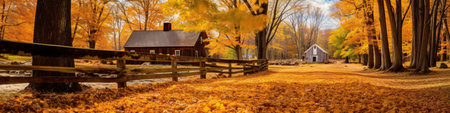 Autumn panorama with old wooden house in the forest and yellow leavesの素材