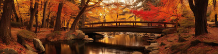 Autumn leaves and bridge in japanese garden, panoramic viewの素材
