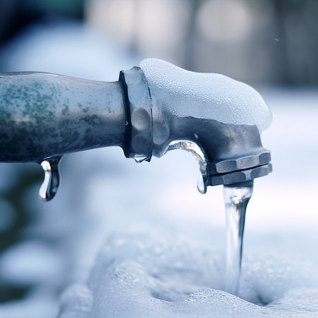 Frozen faucet in winter. Shallow depth of field.の素材