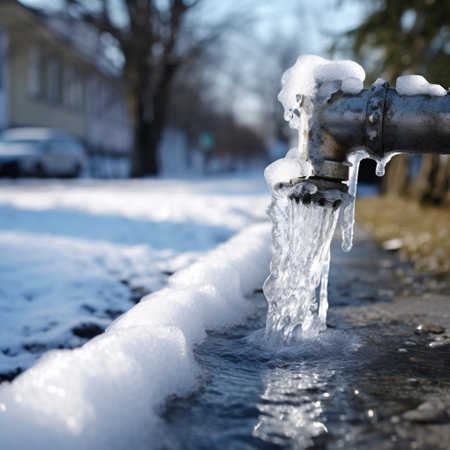 Frozen water pipe in winter, close up, shallow depth of fieldの素材