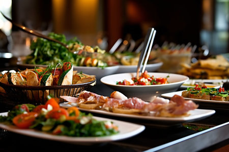 catering buffet food indoor in luxury restaurant with meat and vegetablesの素材