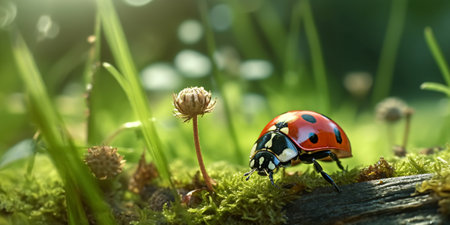 ladybug on a grass in the forest, macro photo with shallow depth of fieldの素材