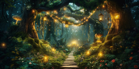 Fantasy landscape with a path through the magical forest illuminated by a garlandの素材