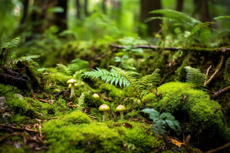 Mushrooms growing on moss in the forest. selective focus.の素材