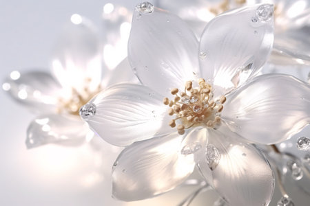 Beautiful white flowers with pearls on light background, closeupの素材