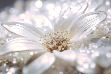 Macro shot of beautiful white chrysanthemum flower with beadsの素材