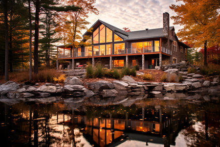 Beautiful modern house in the forest at sunset with reflection in waterの素材