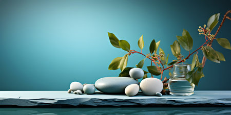 Easter composition with eggs and flowers on blue background. 3d renderingの素材