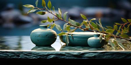 Bottle of perfume on stone with reflection in water, nature backgroundの素材